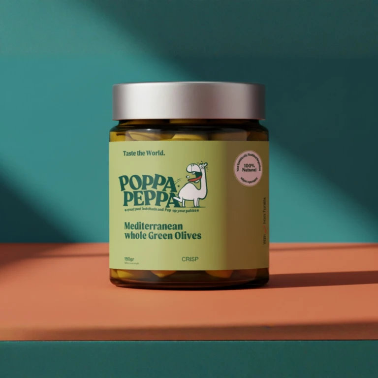 Poppa Peppa Mediterranean whole green olives, 190g jar