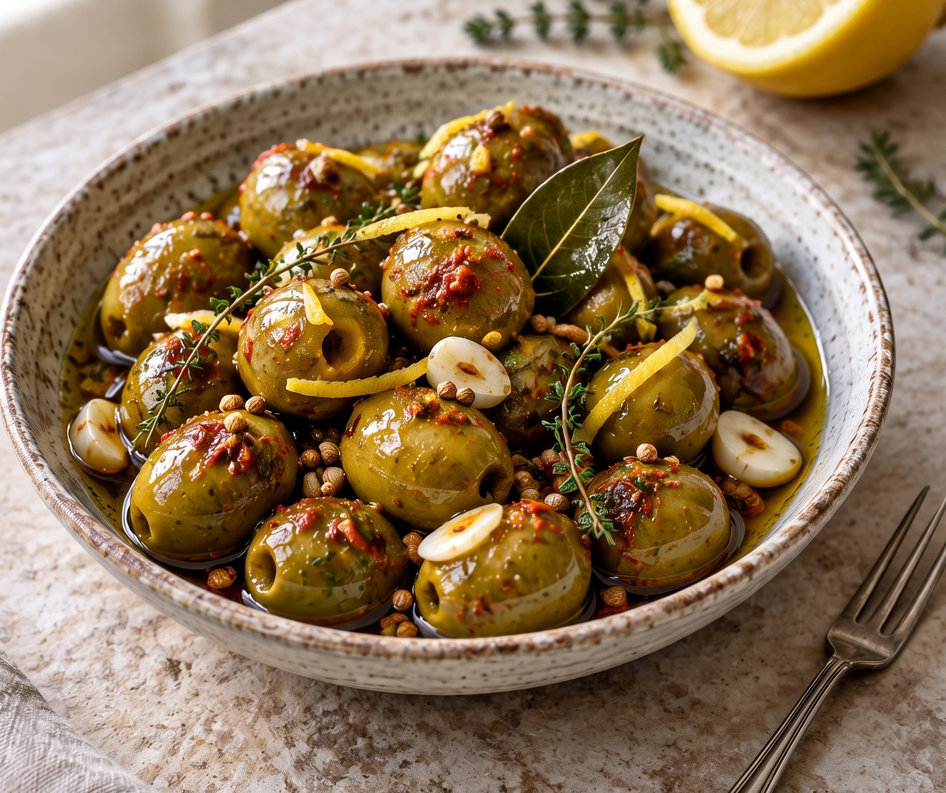 Tunisian Marinated Olives with Harissa and Lemon