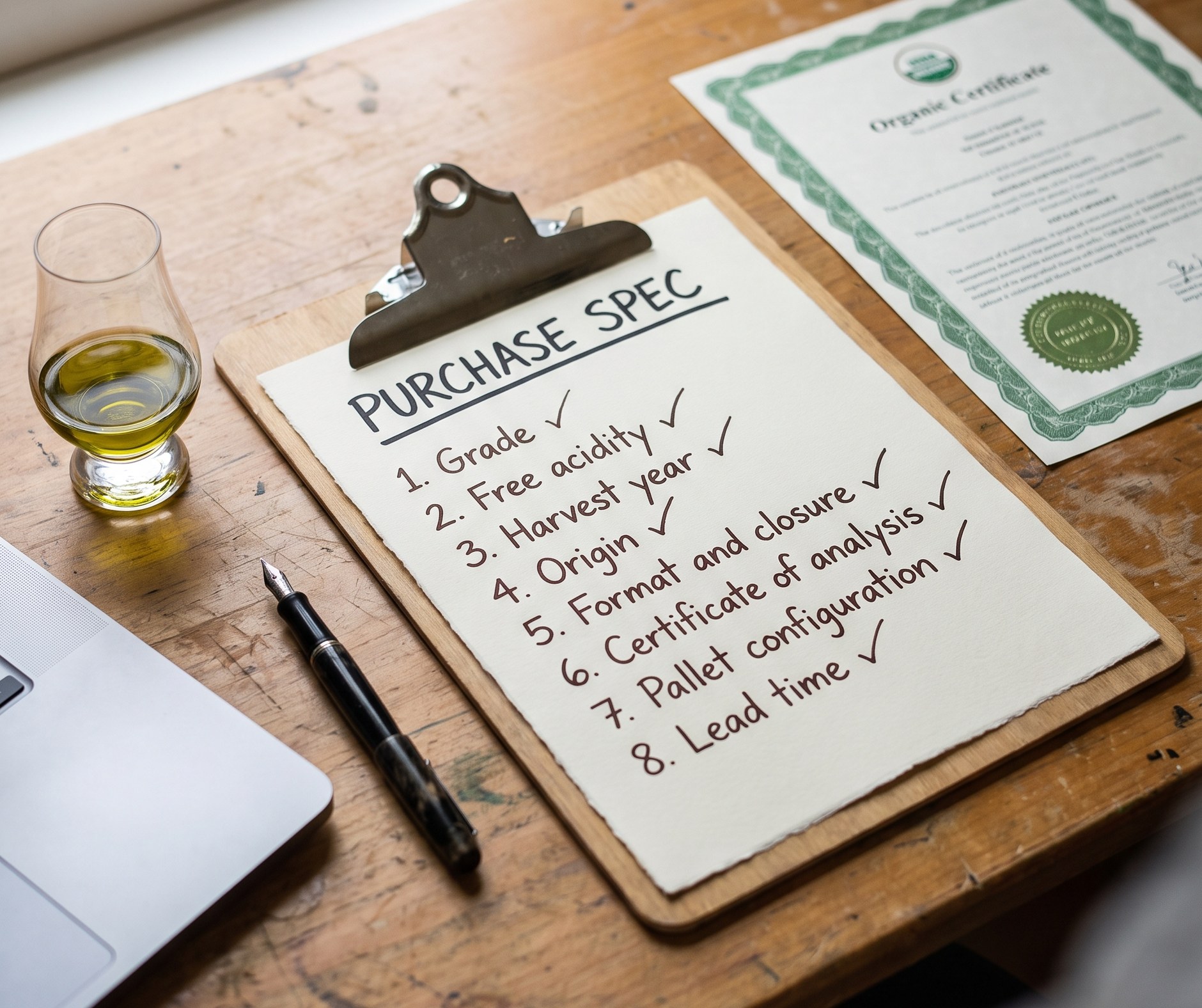 Que mettre dans un cahier des charges d&rsquo;achat d&rsquo;huile d&rsquo;olive (et comment vérifier un certificat bio)